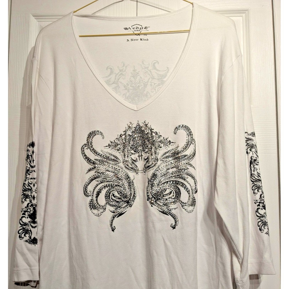 Sledge USA Shirt Womens 3XL White 3/4 Sleeve Rhinestone Embellished Made USA NWT